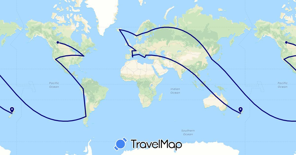 TravelMap itinerary: driving in Argentina, Bulgaria, Canada, Switzerland, Spain, Finland, France, United Kingdom, Greece, Indonesia, Iceland, Italy, South Korea, Norway, New Zealand, Peru, Thailand, United States (Asia, Europe, North America, Oceania, South America)